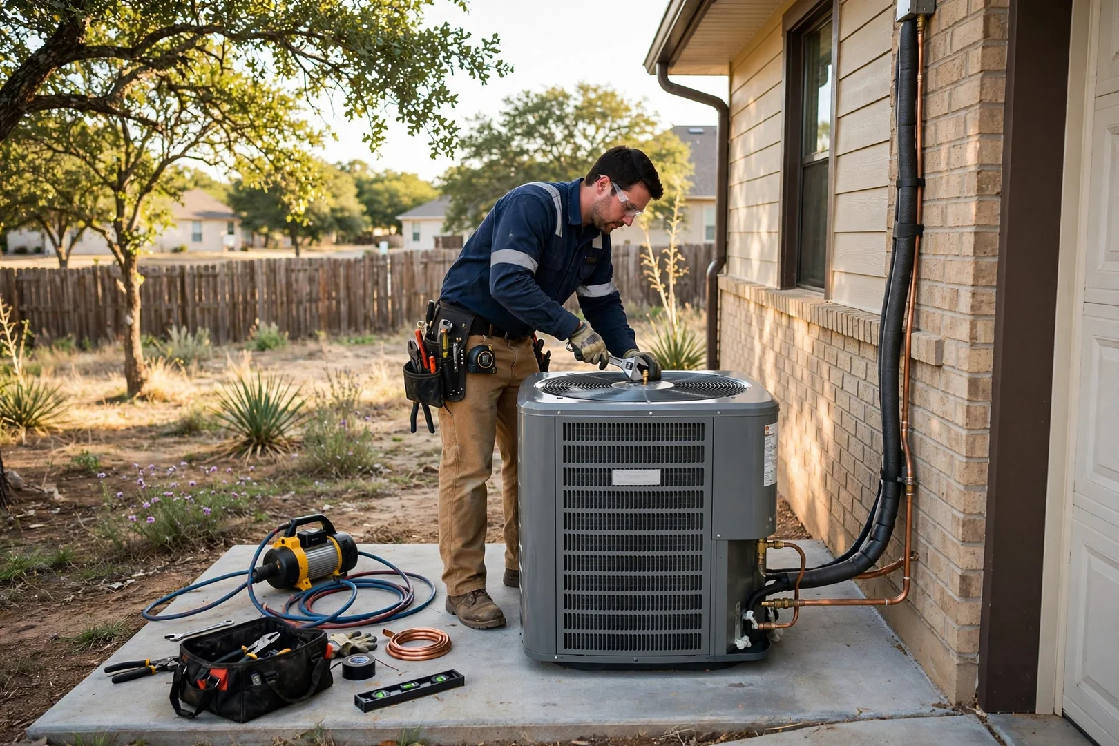 Newly installed AC condenser on a concrete pad beside a suburban Cibolo home