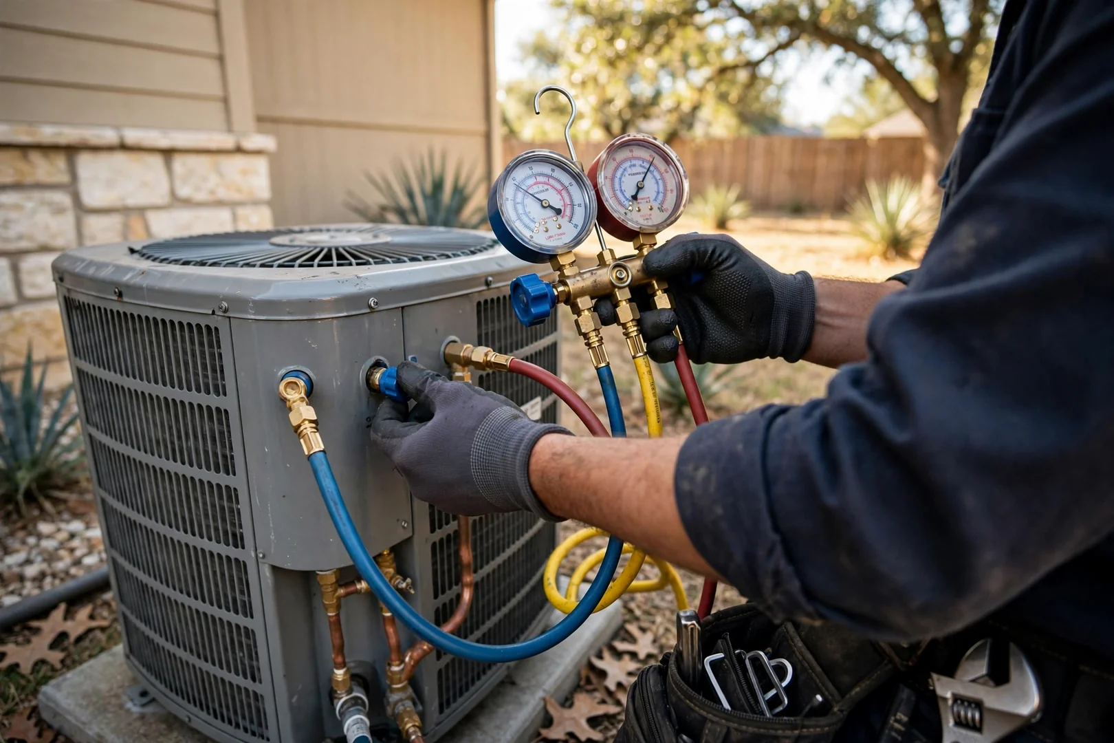 Technician hands checking refrigerant pressure with manifold gauges on an outdoor AC unit