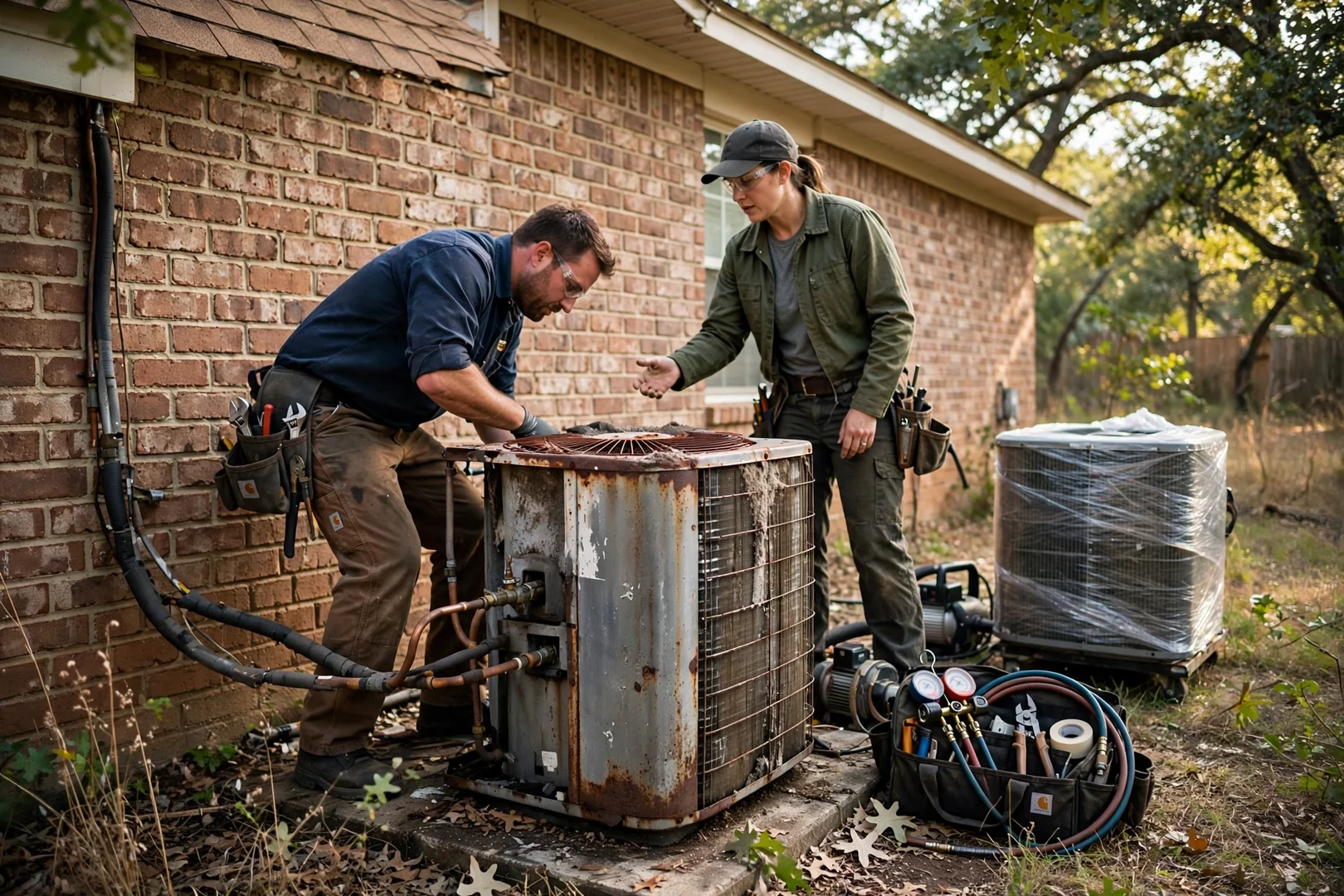 Aging rusted condenser unit beside a brick home before an HVAC replacement