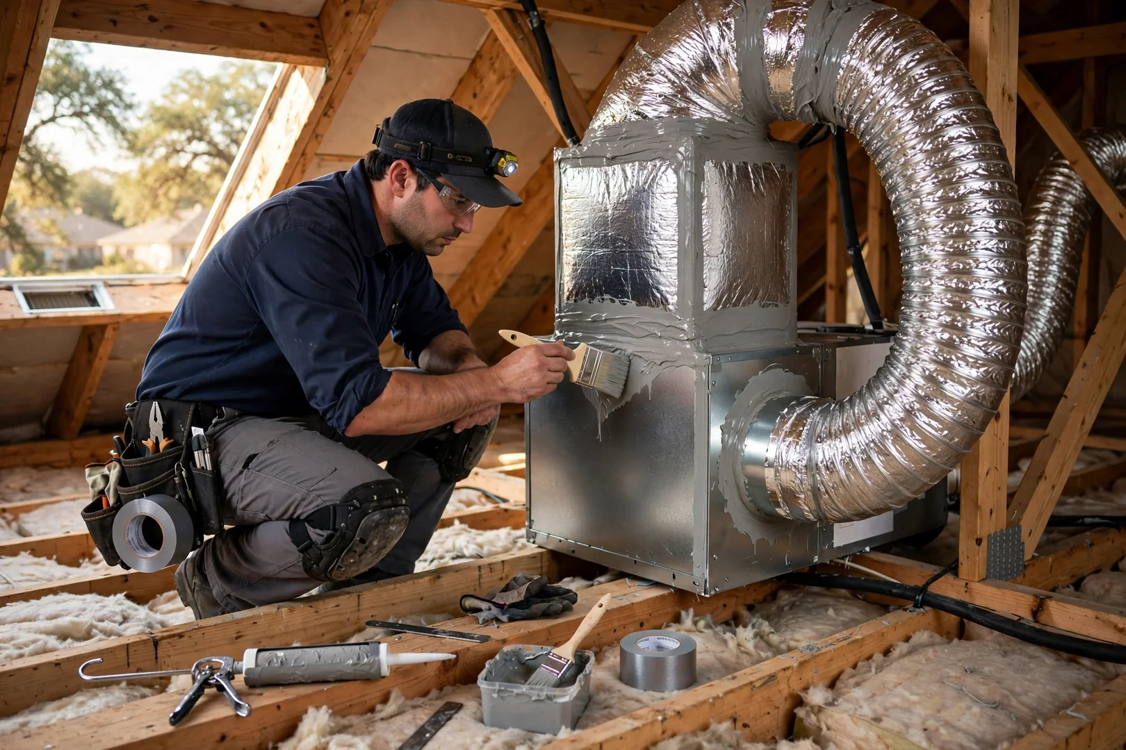 Attic air handler with freshly sealed flexible ductwork and insulated supply plenum