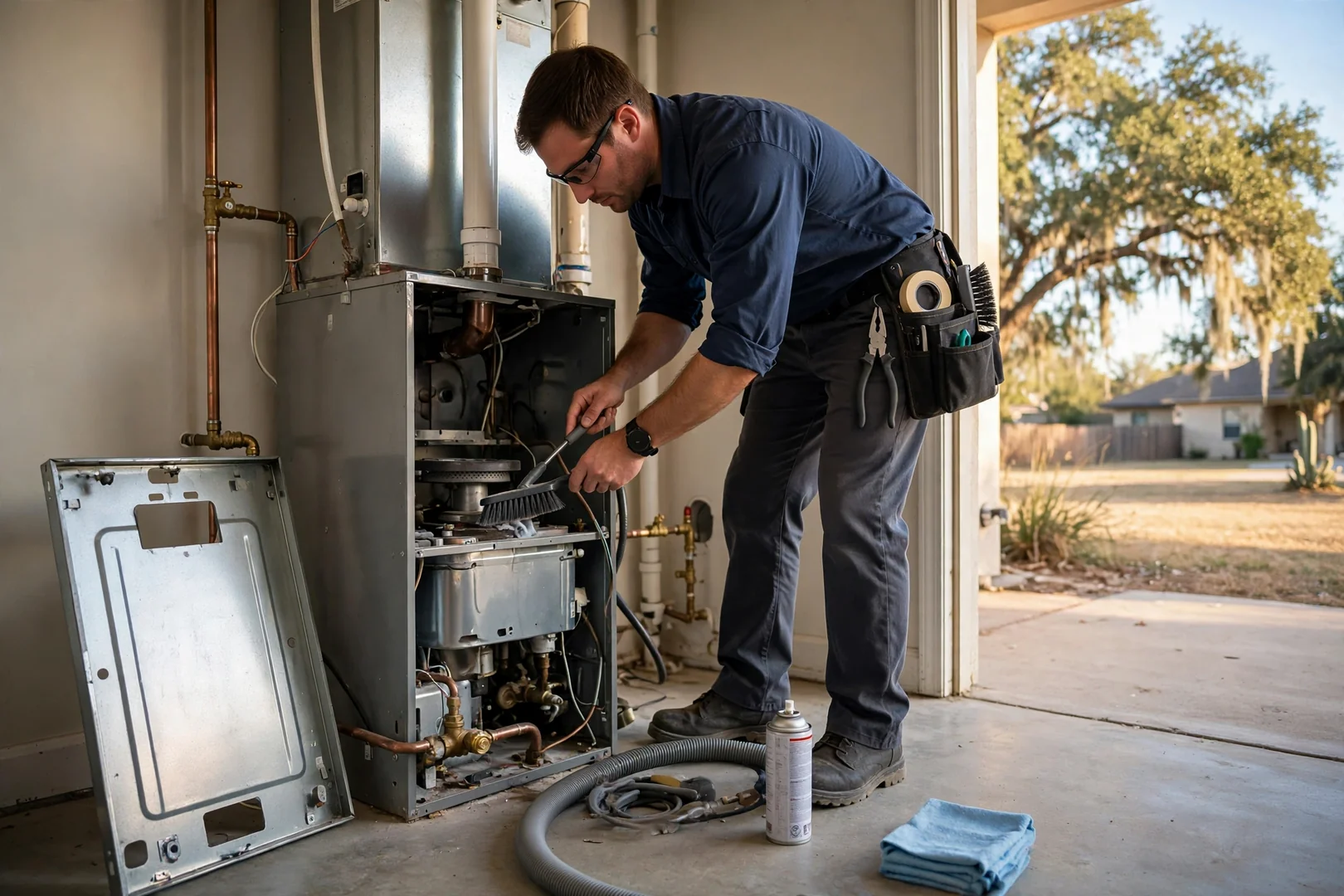 Gas furnace with open service panel during a seasonal heating tune-up inspection