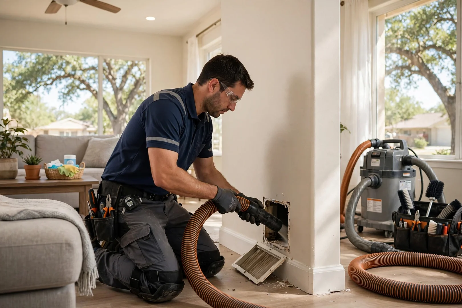 Duct cleaning hose connected to a residential supply register in a bright living room