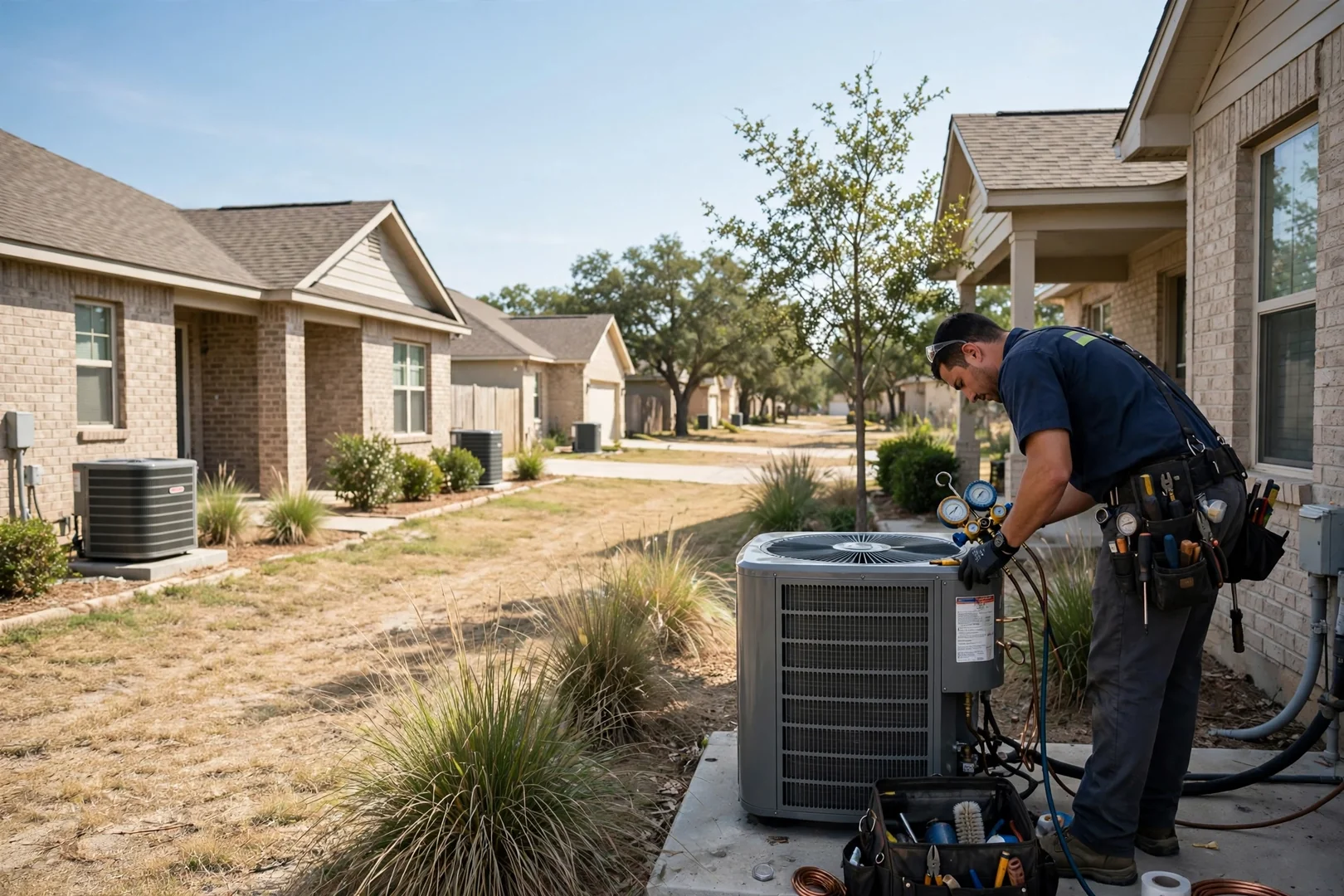Row of single-story Texas homes with outdoor AC units under clear summer skies