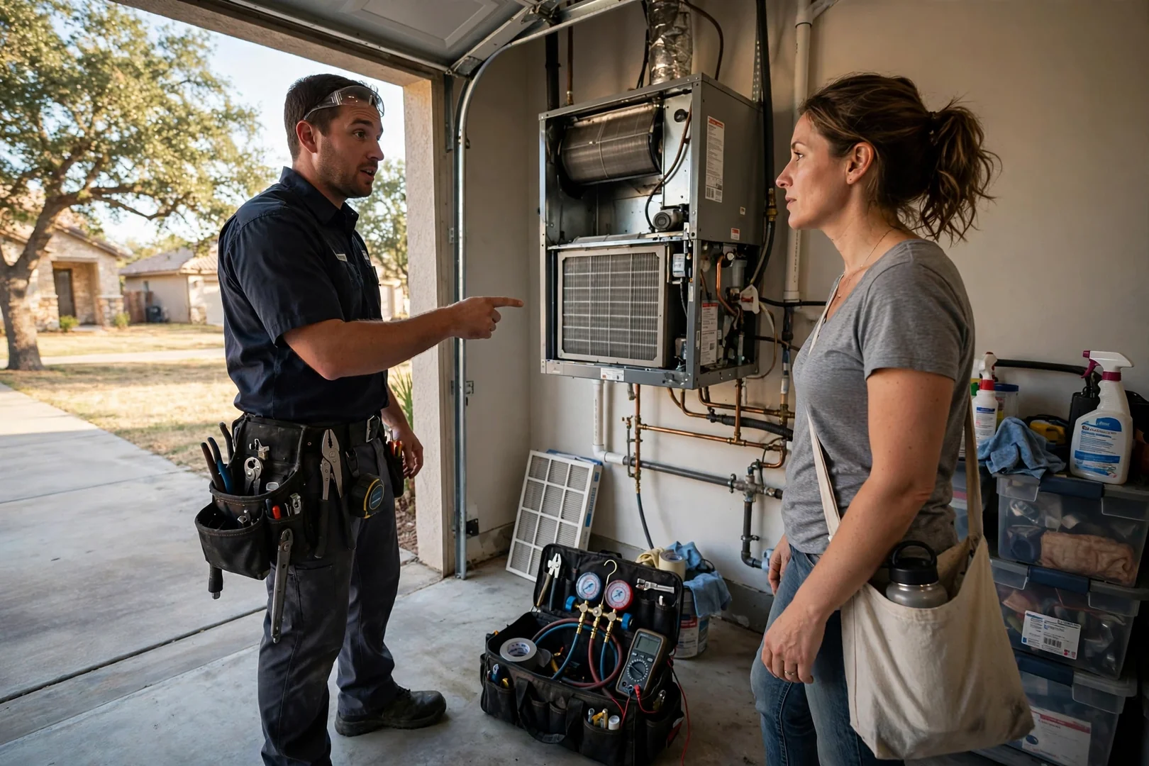 HVAC technician reviewing a written estimate with a homeowner in Cibolo