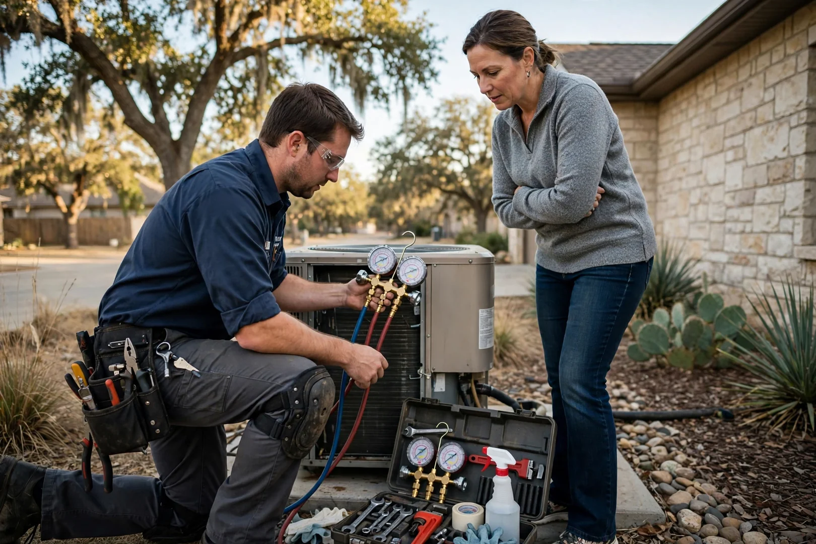 Technician checking outdoor air conditioner condenser during a seasonal HVAC tune-up in Cibolo