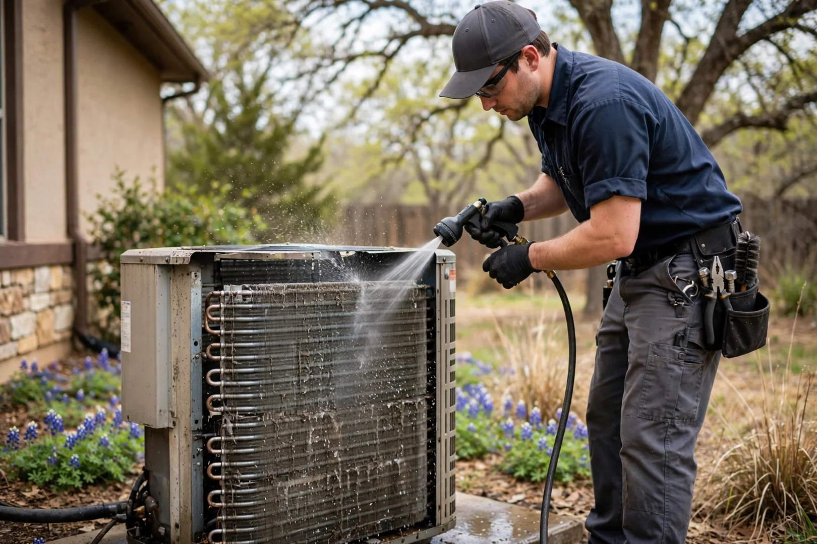 Technician rinsing condenser coil fins on an outdoor AC unit during a spring tune-up