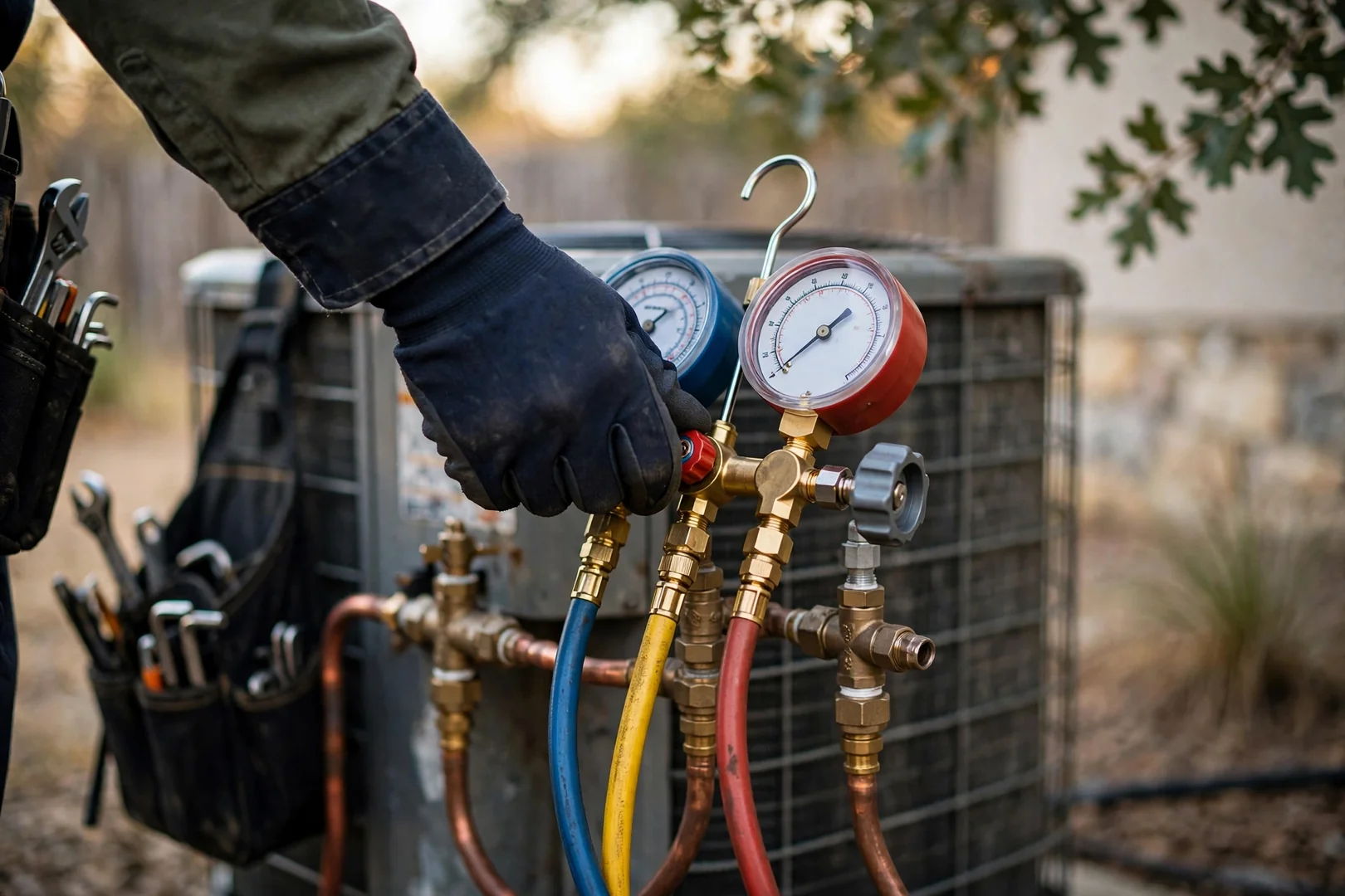 Close-up of refrigerant gauges connected to service valves on a residential condenser