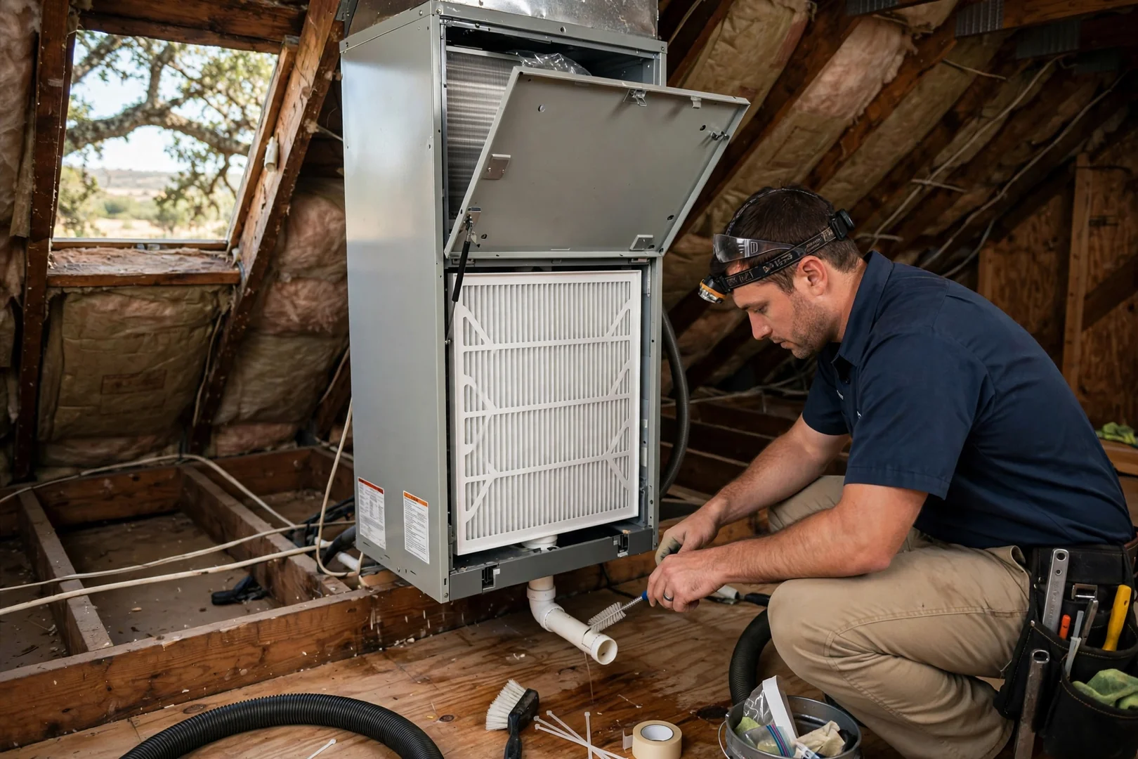 Attic air handler with a freshly replaced filter and cleared condensate drain line