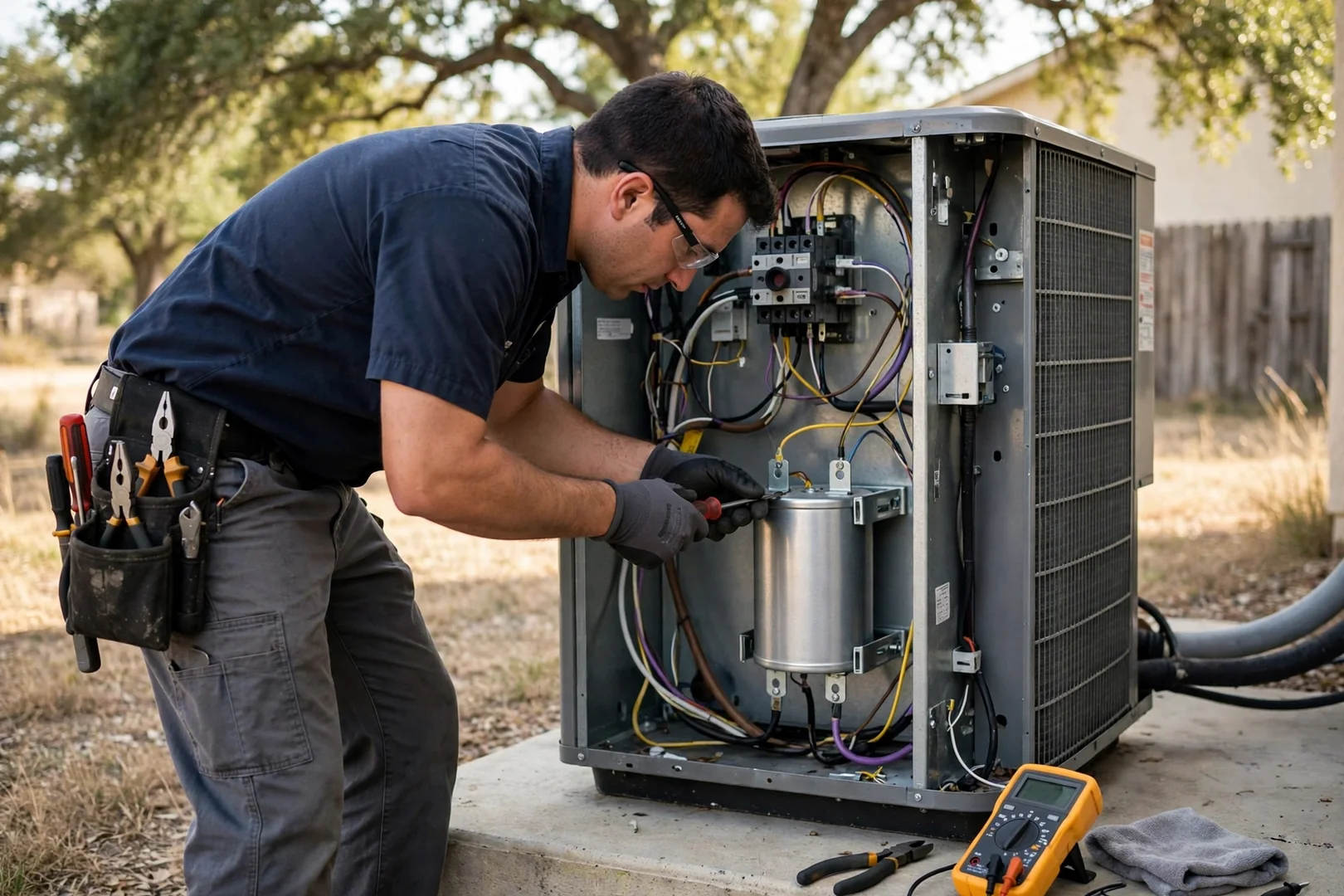 New run capacitor installed inside an outdoor AC unit electrical panel