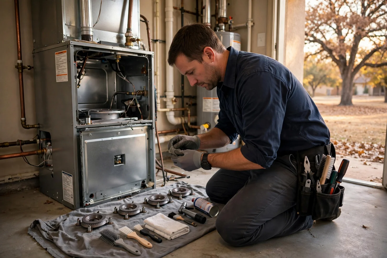 Gas furnace burners and flame sensor cleaned during a fall maintenance visit in Cibolo