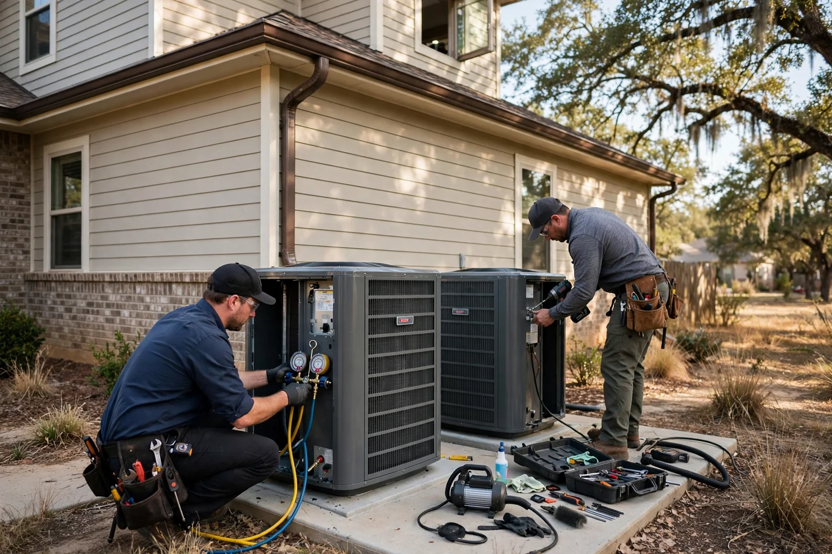 Two outdoor condensing units serviced side by side at a two-story suburban home