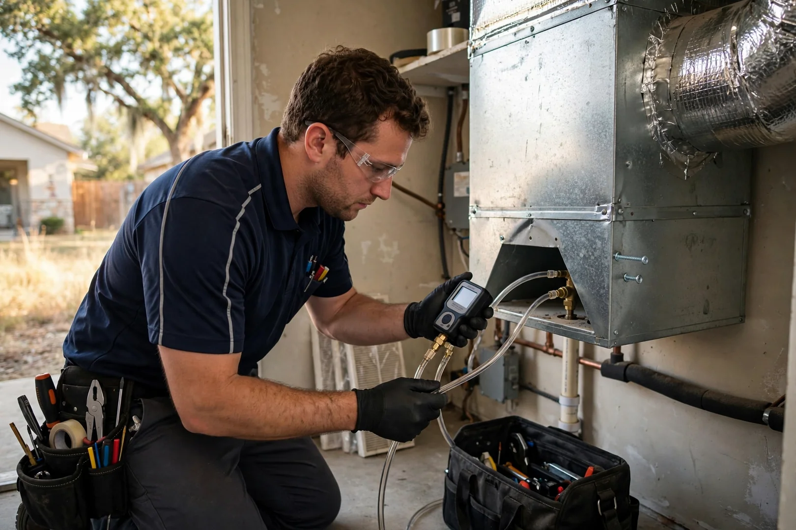 Technician measuring static pressure at a supply plenum during an HVAC tune-up