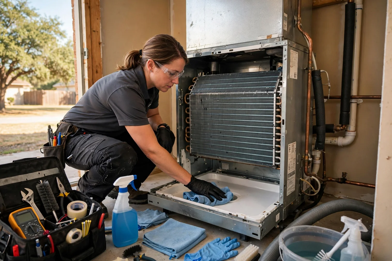 Clean evaporator coil and drain pan after routine air conditioner maintenance service