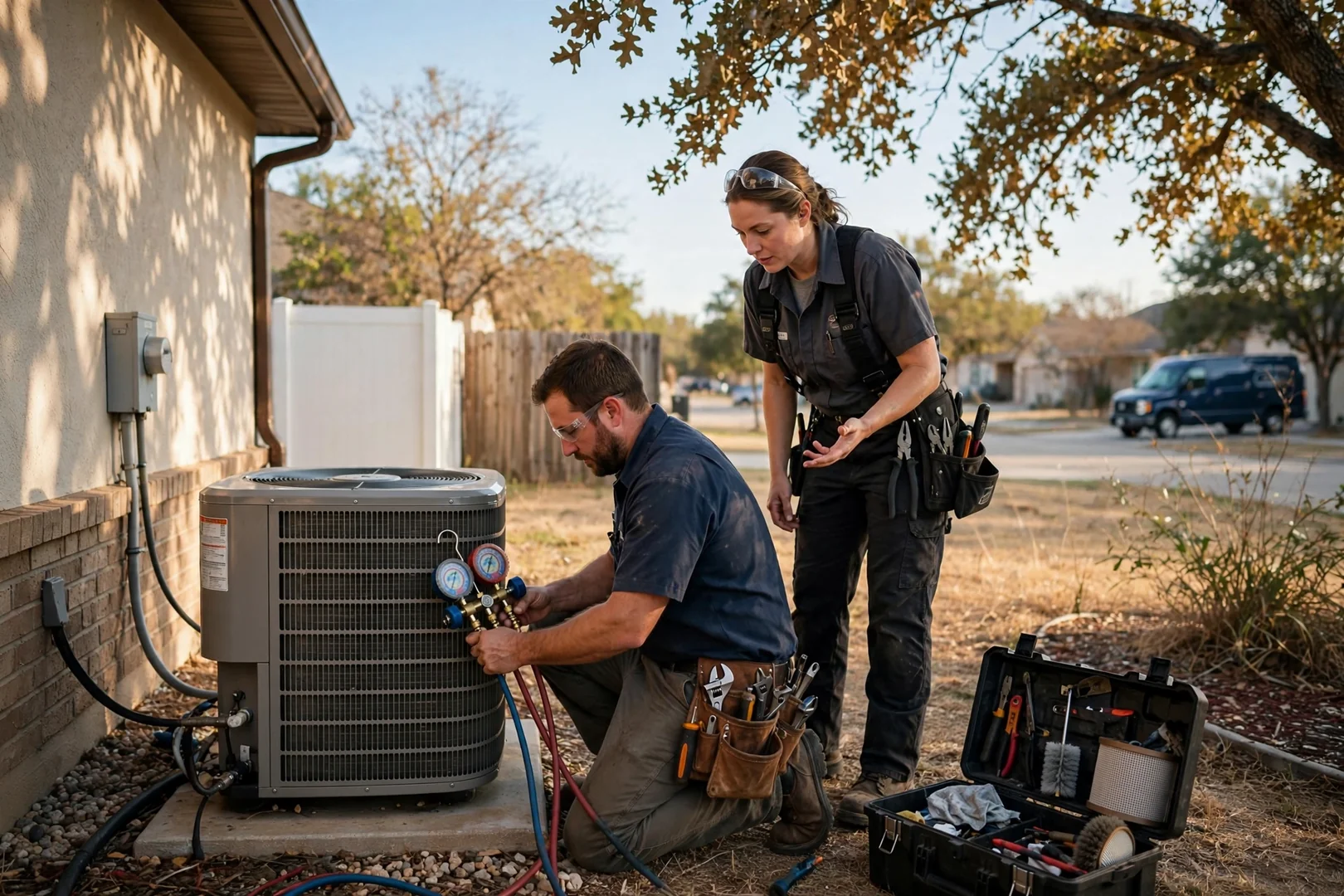 Technician testing an outdoor AC unit during a tune-up